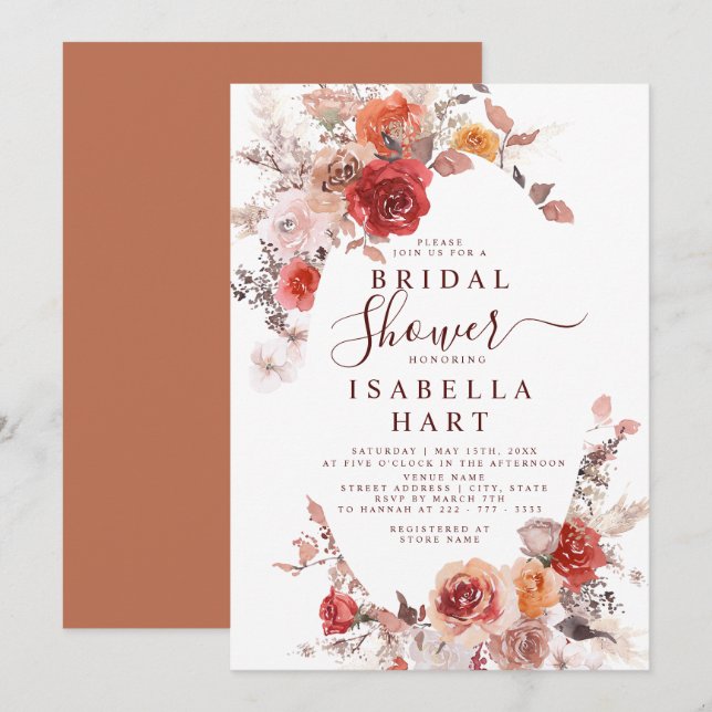 Terracotta Boho Rust Orange Burgundy Bridal Shower Invitation (Front/Back)