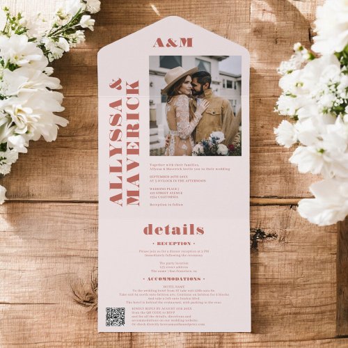 Terracotta boho simple monogram photo wedding all in one invitation