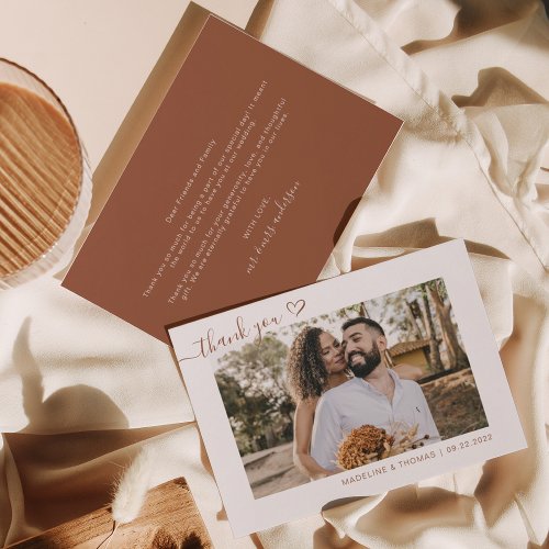 Terracotta Boho Simple Photo Heart Script Wedding Thank You Card