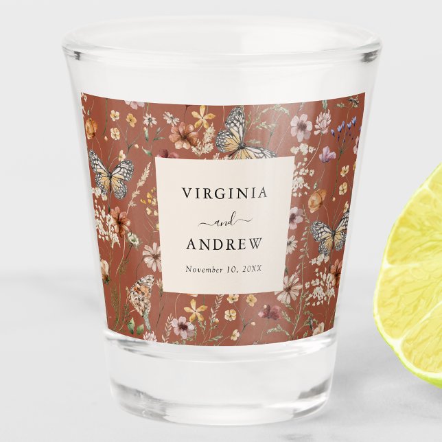 Terracotta Boho Wedding Shot glass (Terracotta Boho Floral Wedding Shot Glass by Painted Paperie
)
