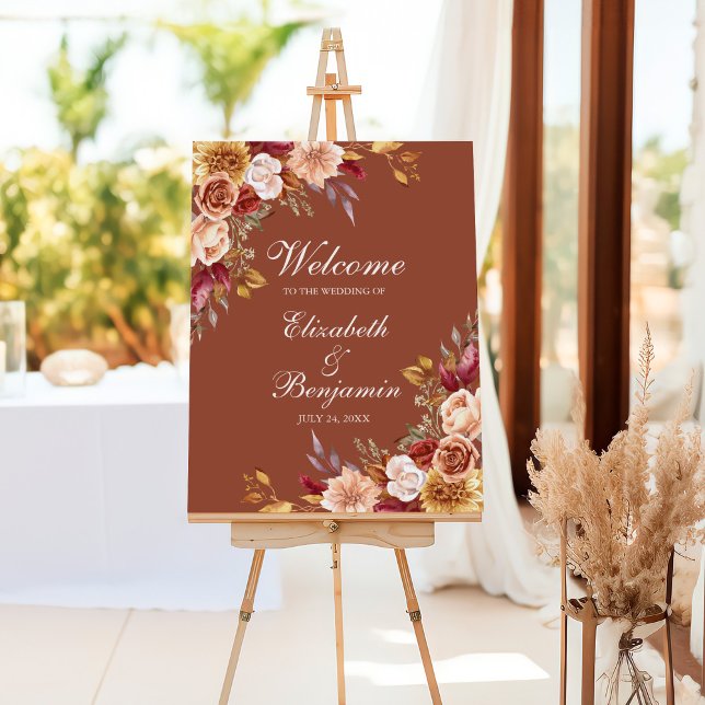 Terracotta Boho Wedding Welcome Sign Fall Floral (Boho Modern Burnt Orange Terracotta Floral Welcome Foam Board)