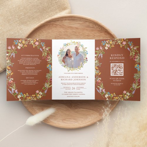 Terracotta Boho Wildflower Photo QR Code Wedding Tri_Fold Invitation