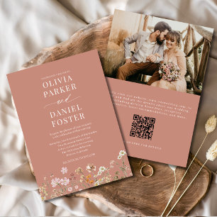 Terracotta Boho Wildflower QR Code Photo Wedding  Invitation