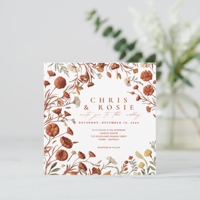 Terracotta boho wildflower wedding invitation (Standing Front)
