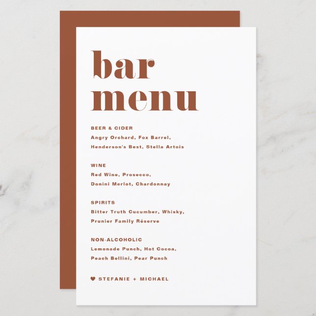 Terracotta Bold Retro Typography Wedding Bar Menu (Front/Back)