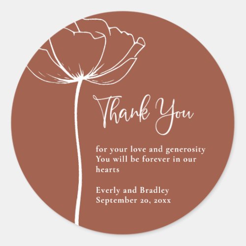 Terracotta Bold Simple Floral Wedding Thank You  Classic Round Sticker