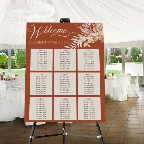 Terracotta Botanical 9 Table Wedding Seating Chart Foam Board