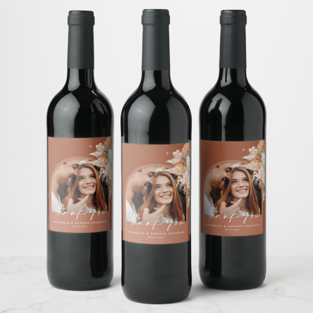 Terracotta botanical arch photo modern pampas wine label (Bottles)
