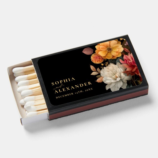  Terracotta Botanical Black Wedding  Matchboxes (Front Open)