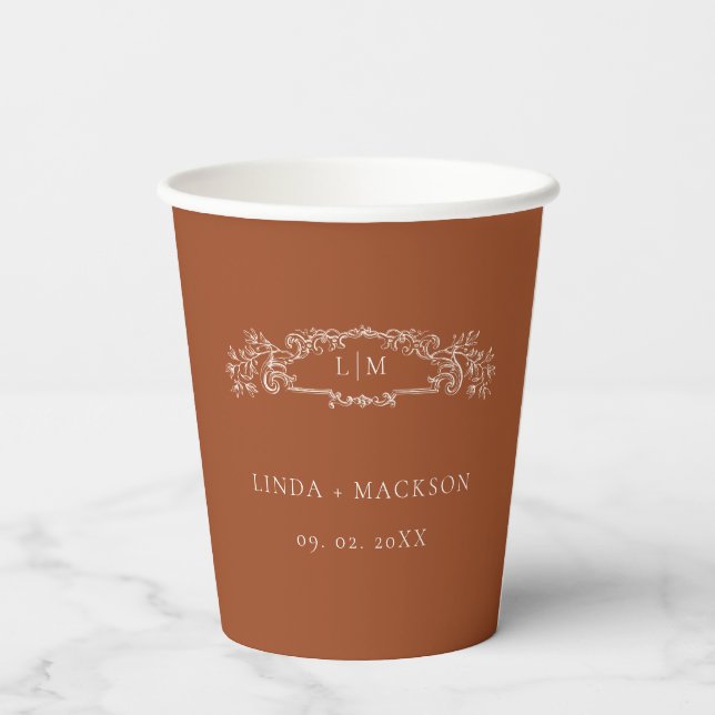  Terracotta botanical crest monogram wedding Paper Cups (Back)