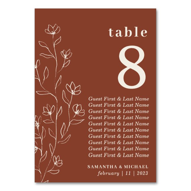 Terracotta Botanical Flower Sketch Seating names Table Number