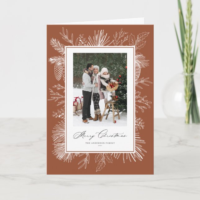 Terracotta Botanical Frame Photo Christmas Holiday Card (Front)
