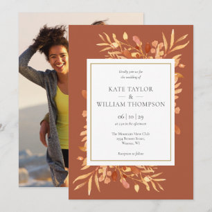 Terracotta Botanical Gold Photo Wedding Invitation