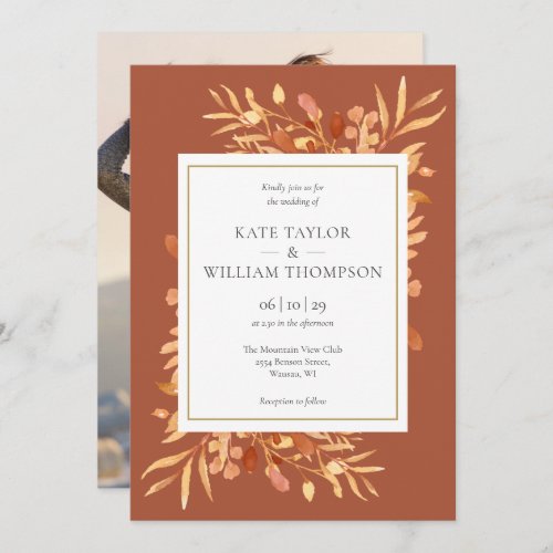 Terracotta Botanical Gold Photo Wedding Invitation