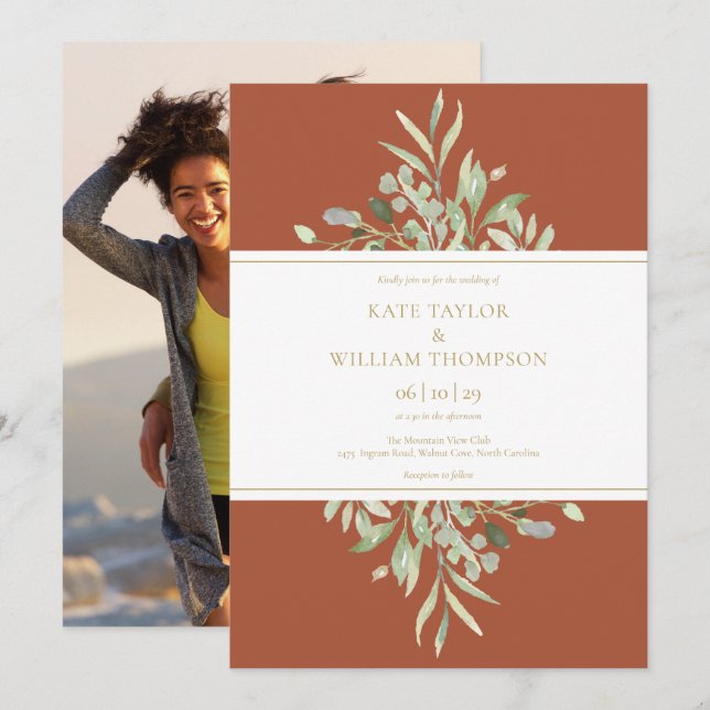 Terracotta Botanical Greenery Photo Wedding  Invitation (Front/Back)