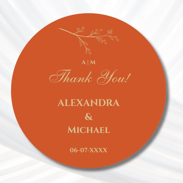 Terracotta Botanical Minimalist Wedding Thank You Classic Round Sticker (Creator Uploaded)