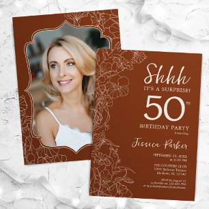 Terracotta Botanical Photo Surprise 50th Birthday Invitation