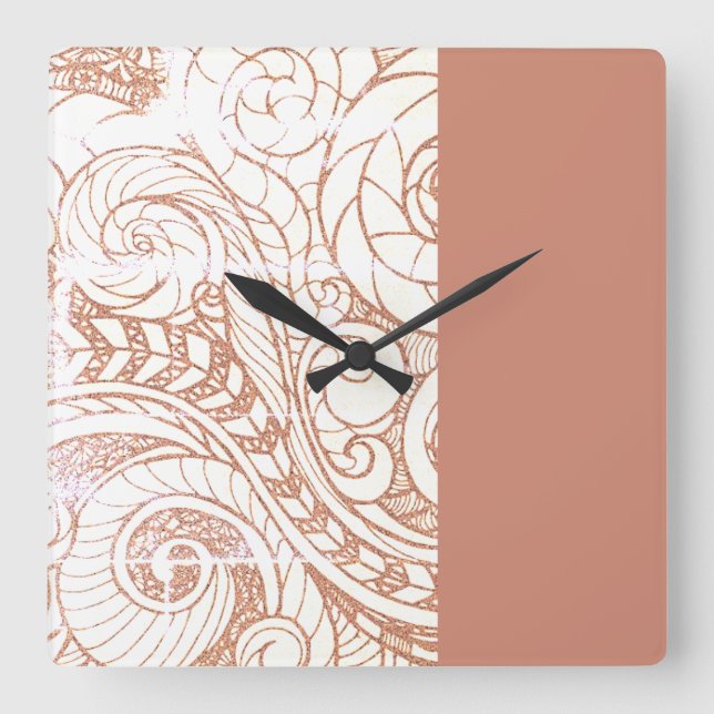 Terracotta Botanical Swirl Modern Square Wall Clock (Front)