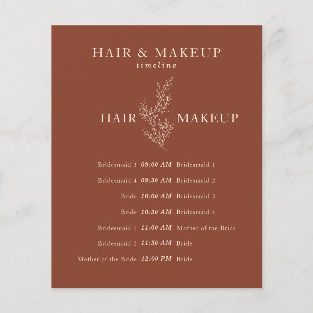 Terracotta Botanical Wedding Day Hair Makeup Time Flyer
