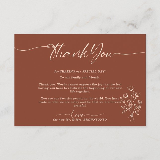 Terracotta Bouquet Boho Botanical Thank You Enclosure Card (Front)