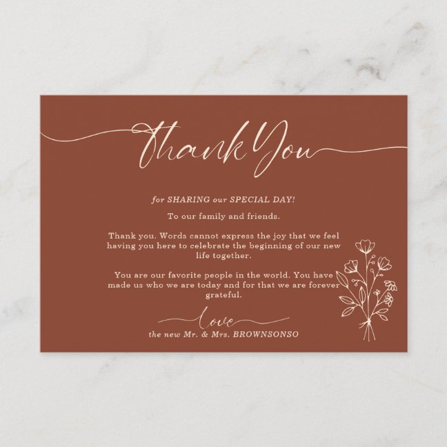 Terracotta Bouquet Boho Botanical Thank You Enclosure Card