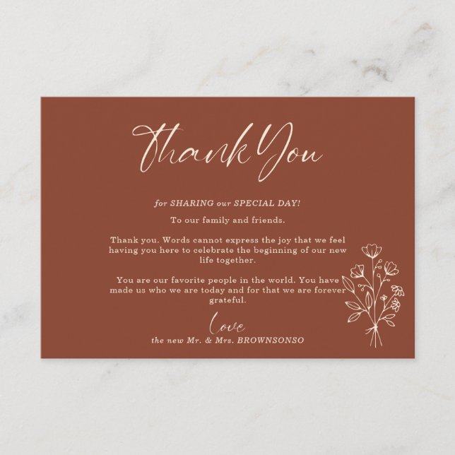 Terracotta Bouquet Fall Boho Botanical Thank You Enclosure Card (Front)