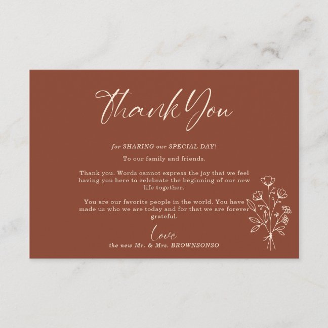 Terracotta Bouquet Fall Boho Botanical Thank You Enclosure Card