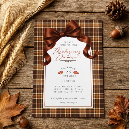 Terracotta Bow Autumn Plaid Thanksgiving Dinner Invitation