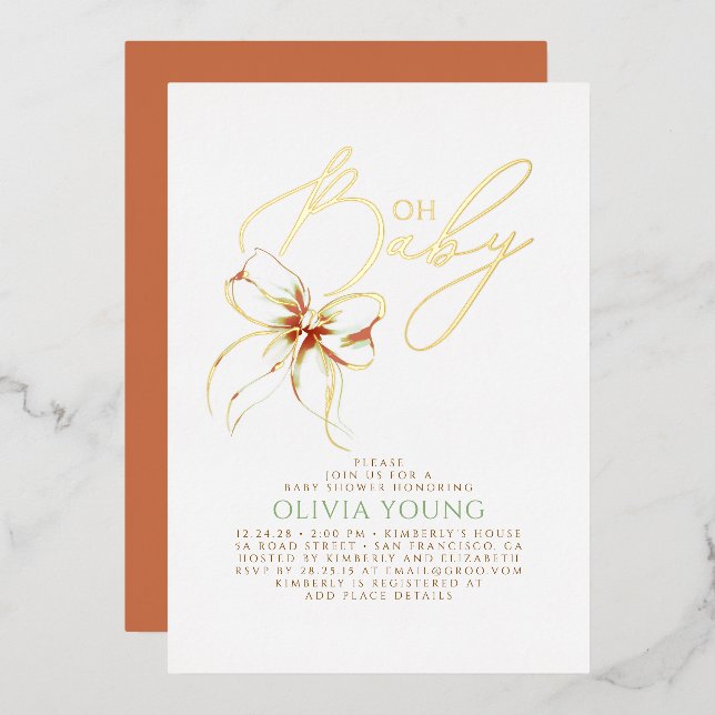 Terracotta Bow Fall Gender Neutral Baby Shower Foil Invitation (Front/Back)