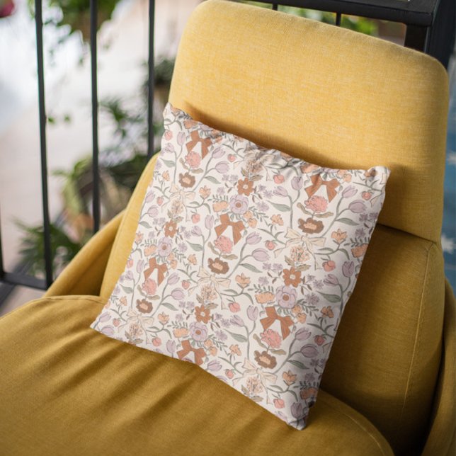Terracotta Bows and Blossoms Boho Throw Pillow (Creator Uploaded)