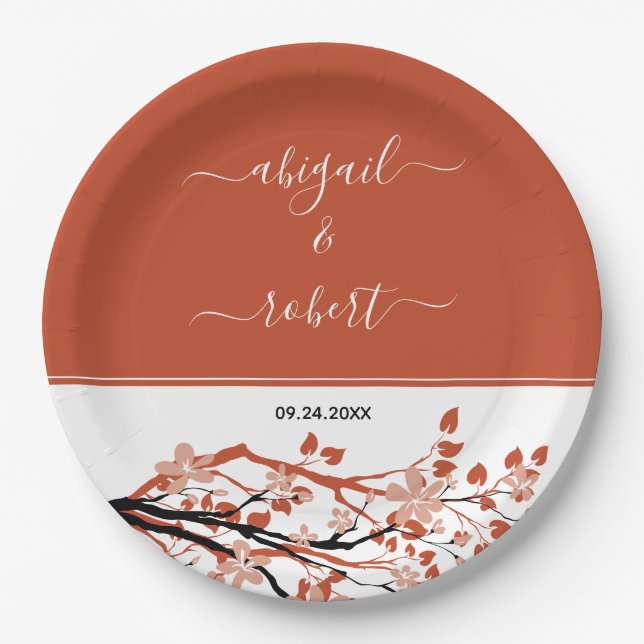 Terracotta branch with dark peach flowers wedding  paper plates (Front)