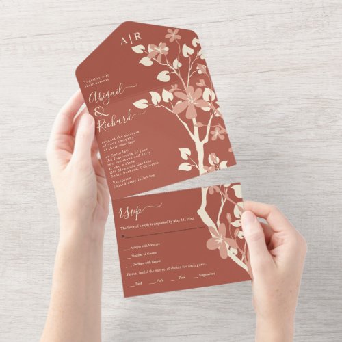 Terracotta branch with flowers initials wedding all in one invitation