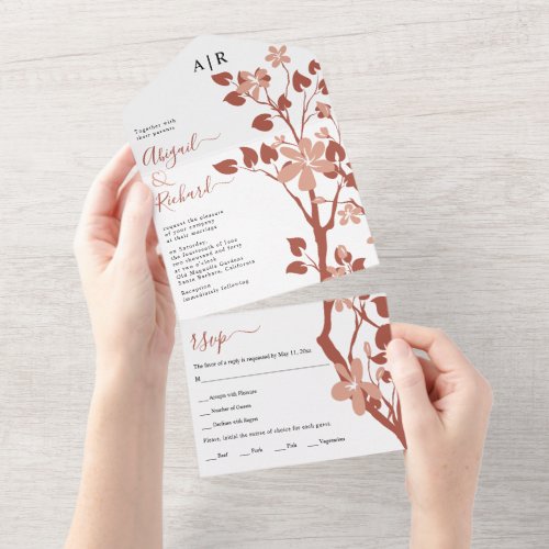 Terracotta branch with flowers white wedding all in one invitation