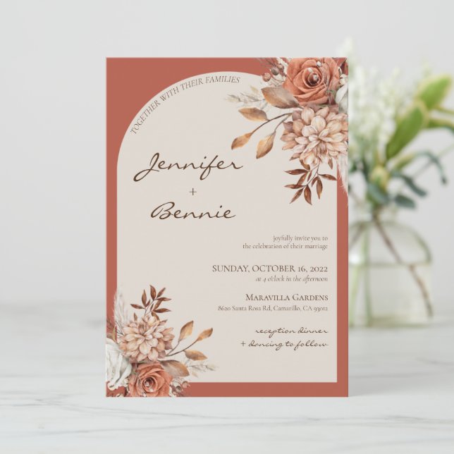 Terracotta Brown Bohemian Botanical Floral Modern  Invitation (Standing Front)