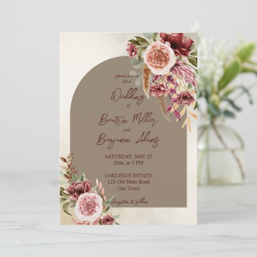 Terracotta brown boho flowers arch wedding invite 
