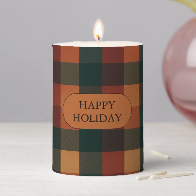 Terracotta Brown Buffalo Plaid Rustic Fall  Pillar Candle (In Situ)