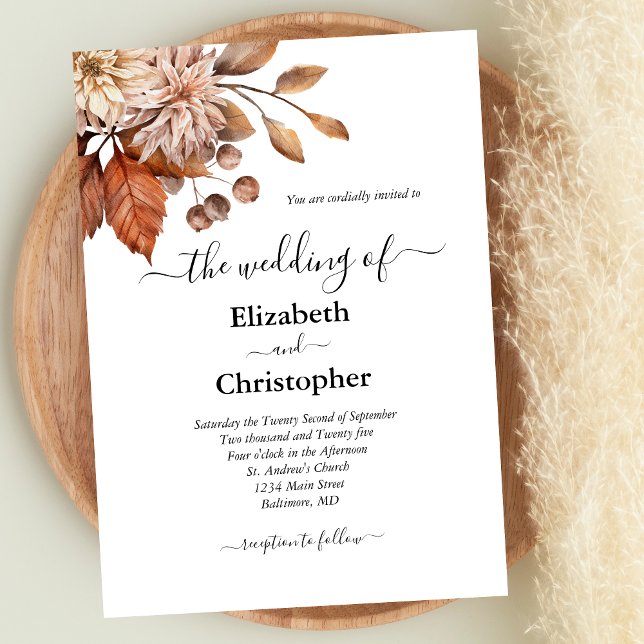 Terracotta Brown Elegant Floral Botanical Wedding Invitation (Terracotta Rust Browns Fall Autumn Colors Boho Wedding invitation.)