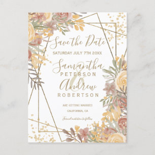 Terracotta brown floral gold frame save the date announcement postcard
