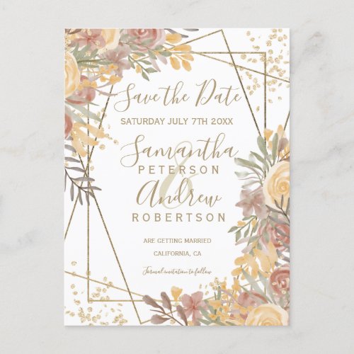 Terracotta brown floral gold frame save the date announcement postcard