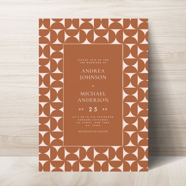 Terracotta Brown Geometric Mid Century Mod Wedding Invitation (Creator Uploaded)