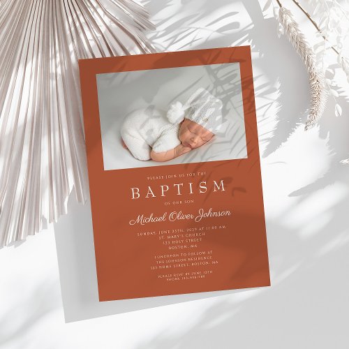 Terracotta Brown Modern Photo Baptism Invitation