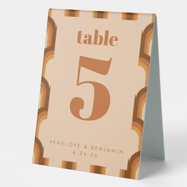 Terracotta Brown Retro 70s Rainbow Wedding Number Table Tent (Front)