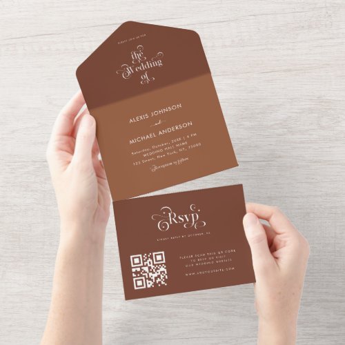 Terracotta Brown Shades Retro Typography QR Code All In One Invitation
