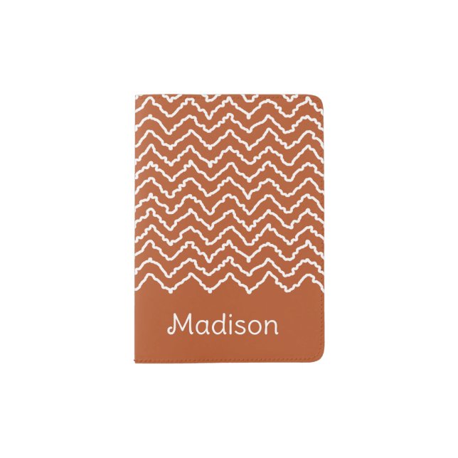 Terracotta Brown Squiggly Chevron Zigzag Pattern Passport Holder (Front)