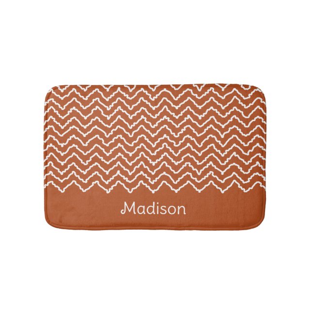 Terracotta Brown Squiggly Chevron Zigzag With Name Bath Mat (Front)
