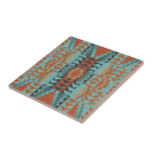Terracotta Brown Turquoise Blue Ethnic Tribe Art Ceramic Tile
