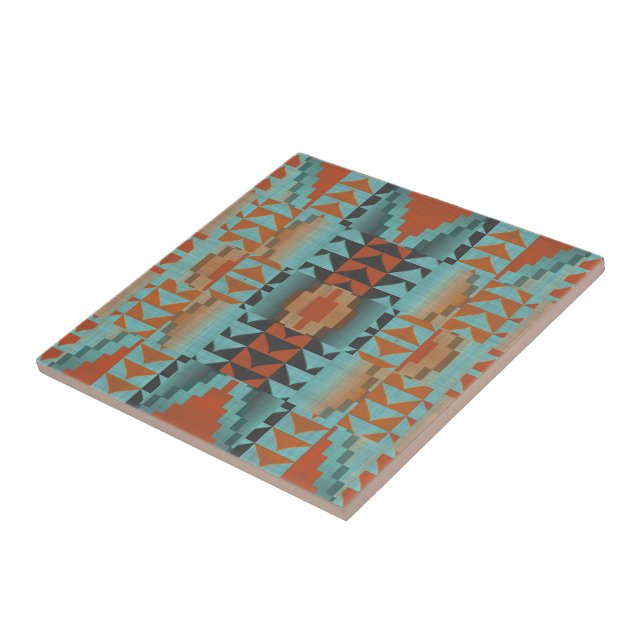Terracotta Brown Turquoise Blue Ethnic Tribe Art Ceramic Tile (Side)