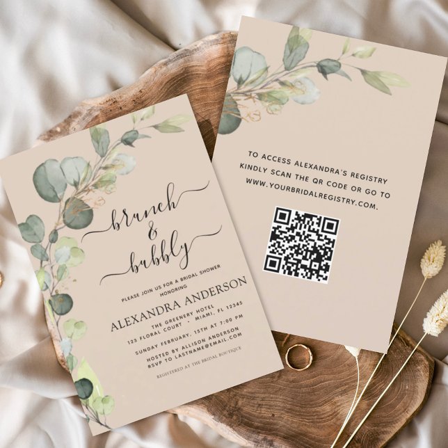 Terracotta Brunch & Bubbly QR Code Eucalyptus Invitation (Creator Uploaded)