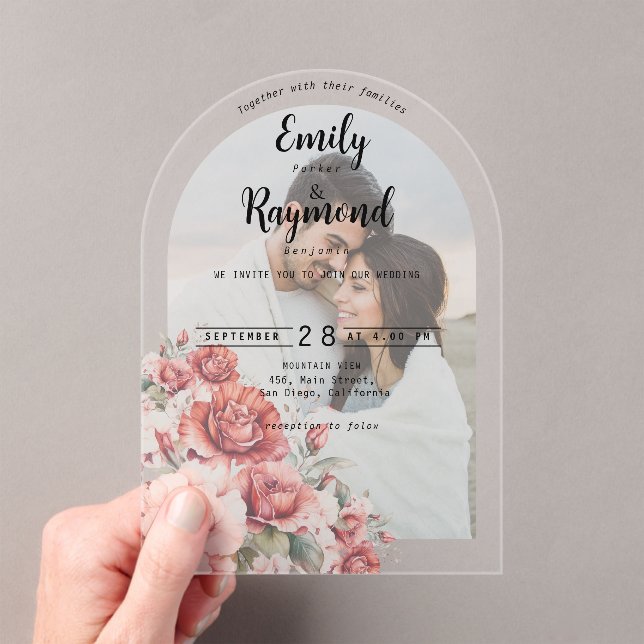 Terracotta Burgundy Blush Floral Wedding Arch Acrylic Invitations (Insitu (Handheld))