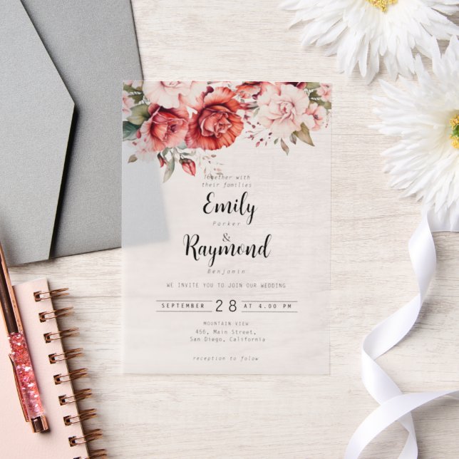 Terracotta Burgundy Blush Floral Wedding Vellum Invitations (Wedding)